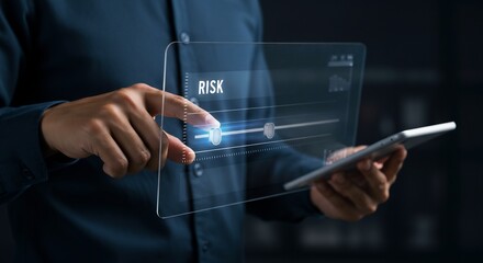 Businessperson Managing Risk Assessment on Futuristic Transparent Tablet Display
