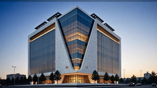 View of a modern office building with glass facade and v shaped design element at the entrance area