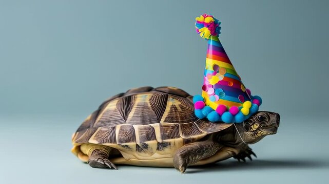 Tortoise celebrates birthday with colorful party hat