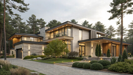 "Exterior visualization of a two-story contemporary house framed by trees and ornamental shrubs. The home design blends urban and natural aesthetics with neutral color palettes and organic textures. T