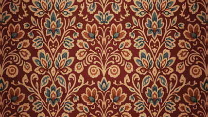 Fototapeta premium Detailed floral damask pattern in a rich maroon hue, featuring stylized flowers and leaves with a vintage feel, Filipino traditonal embroidery seamless design, Yakan cloth design