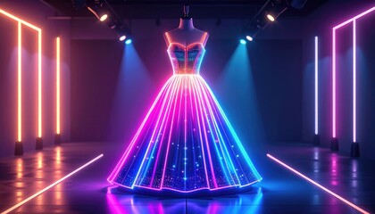 Illuminated dress mannequin amid glowing neon in futuristic showroom