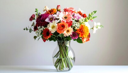 Vase of vibrant flowers daisy, dahlia, snapdragon and more on white table