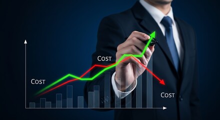Businessman drawing a cost reduction graph, showing decreased expenses and improved profits, financial success concept