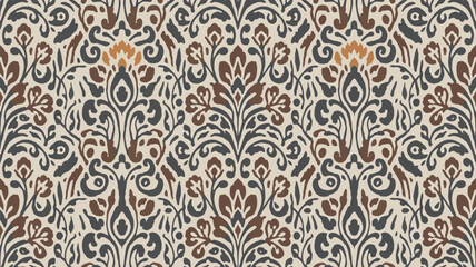 Elegant damask pattern presents a symmetrical design with floral and scroll elements, featuring a blend of brown, gray, and beige hues for a timeless aesthetic, Filipino traditonal embroidery seamless