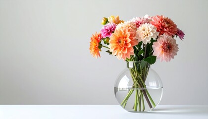 Fototapeta premium Floral arrangement of colorful dahlias in round glass vase on white table against light background
