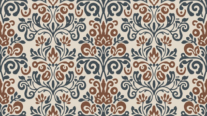 Fototapeta premium Elegant floral arabesque pattern in brown and navy creates a decorative repeatable tile for classic textile design and interior embellishment, Filipino traditonal embroidery seamless design, Yakan clo