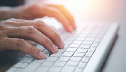 Hands type on a white keyboard, sunlight illuminates the fingers and desk