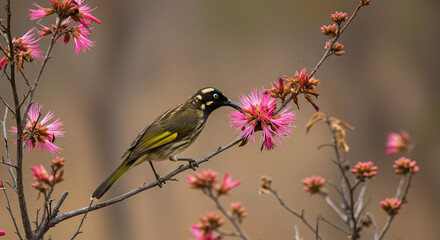 Colorful bird feeding on bright tropical flowers.


