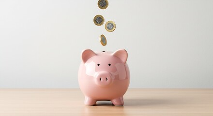 Pink Piggy Bank with Falling British Pound Coins on Wooden Table - Savings, Finance, and Investment Concept