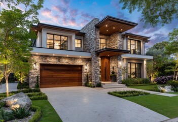A front view of the exterior at night, a modern two-story home in Long Beach, California