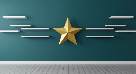 Teal Room Interior with Gold Star and Asymmetrical White Shelves - Modern Minimalist Design
