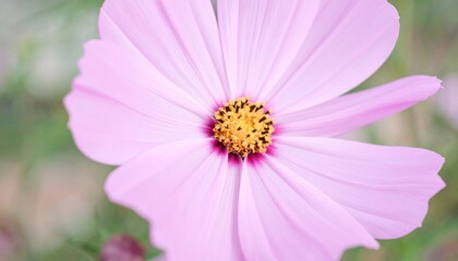 Fototapeta premium Pink cosmos flower close-up, soft focus, revealing delicate petals and yellow center