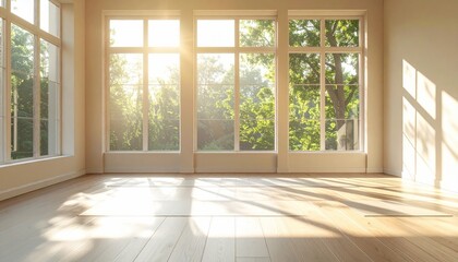 Bright sunlit room with large windows overlooking lush trees