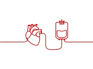 Heart connected to blood bag, symbolizing life and donation