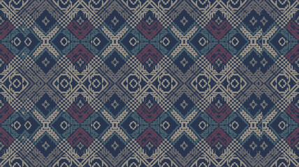 Intricate diamond pattern showcases a detailed geometric design in shades of blue, beige, and burgundy, suitable for backgrounds, Filipino traditonal embroidery seamless design, Yakan cloth design