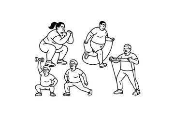 Hand drawn illustrations plus size individuals engaged in sport or fitness activities