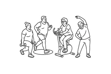 Hand drawn illustrations plus size individuals engaged in sport or fitness activities