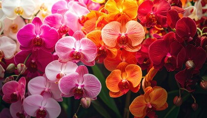 Fototapeta premium Vibrant orchid display. Pink, orange, white, and red hues. Soft lighting creates a warm, inviting atmosphere