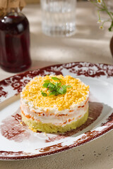 Chicken fillet salad with egg and cheese, bright natural light, closeup composition