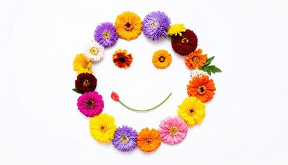 Floral smiley face against white background. Springtime cheer from blooms