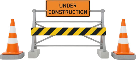 Orange 'Under Construction' sign on a gray metal barrier with yellow and black stripes flanked by two traffic cones