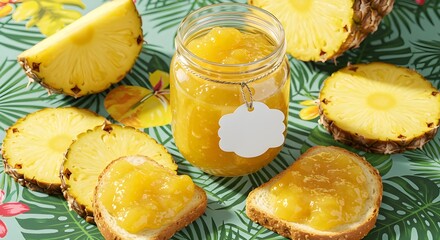 Jar of pineapple jam with blank tag, fresh pineapple slices and toast on tropical leaf background. Ideal for food ads, packaging, branding, or summer breakfast themes