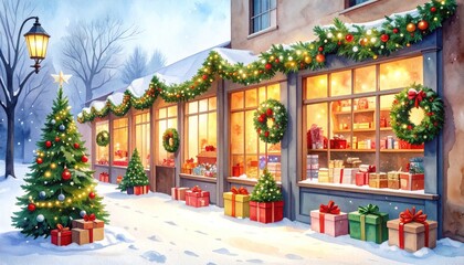 Festive shopfront adorned with garlands, wreaths, gifts in snowy town