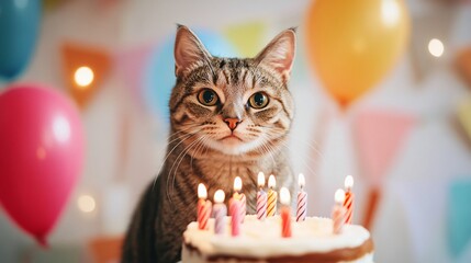 Celebrating Feline Fun - Smiling Cat with Birthday Balloon and Cake
