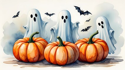 Watercolor Halloween Ghosts with Pumpkins and Bats – Spooky Fall Wall Art