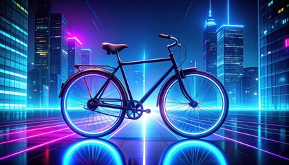 Fototapeta premium Black bicycle with glowing wheels on city street with neon lights, tall buildings