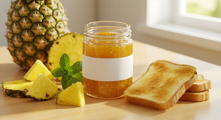 Pineapple jam jar with blank label, fresh pineapple cubes and toast on plates . Perfect for packaging mockups, food ads, branding, or breakfast themes.