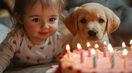 Joyful Birthday Celebration with a Child and Puppy