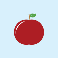 Illustration of fresh red apple with green leaves on light blue background. Suitable for food, health, nutrition, healthy lifestyle, and children's educational content themes.
