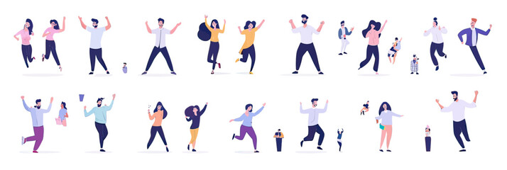 Diverse group of happy people jumping dancing celebrating expressing excitement joy and positive emotions flat vector illustration in minimalist style