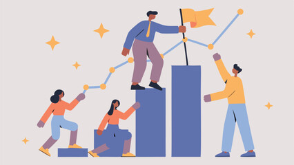 Teamwork illustration showing people climbing graph bars to reach the top with a flag of success