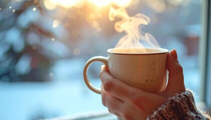 Cozy mug in hand by a winter window. Steam rises in warm light. Snow outside