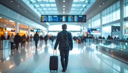 Fototapeta premium Airport scene man walks with luggage toward a flight board in bustling terminal