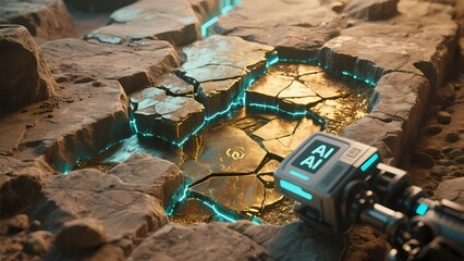 Sci - fi Landscape with Glowing Cracks and Machinery, Sci - fi & Futuristic Element