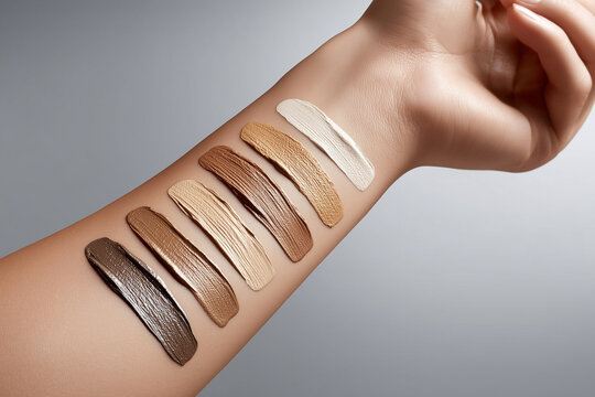A close-up of an arm displays textured swatches of various brow products in different shades, highlighting their rich pigments and application for beauty.
