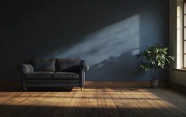 Dark Blue Sofa in Sunlit Room Interior Design