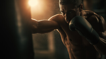 A powerful image of a fighter mid-strike, training with a punching bag in a dark sports hall. Perfect for themes of professional sports, boxing, MMA. Generative AI.