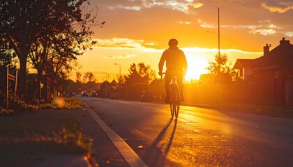 Biker silhouettes ride down a bright golden road at sunset