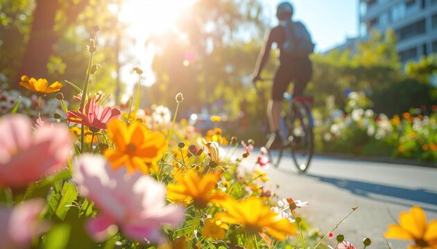 Flowers in bloom, blurred cyclist, sun dappling urban green space, building behind