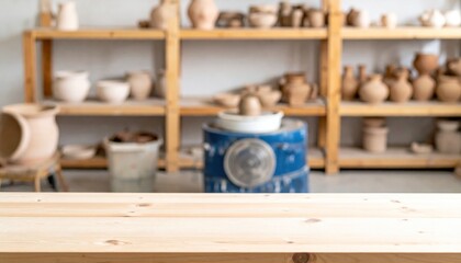 Pottery studio kiln, wooden shelves holding diverse clay pieces, light wood table foreground
