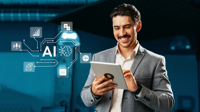 Professional man using tablet to engage with artificial intelligence tools in a modern office setting