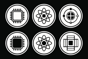 Set of six circular icons representing technology and science symbols on a black background