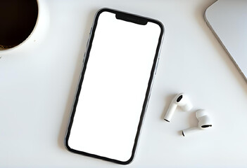 A blank vertical smartphone screen on a white table beside a coffee cup, soft daylight, ideal for app UI/UX or podcast branding mockup.
