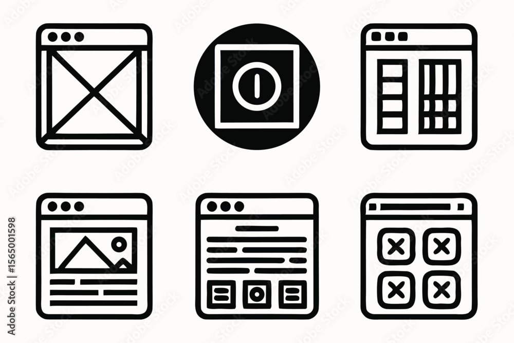 Fototapete Collection of six modern flat design icons representing web page layouts and user interface elements