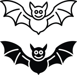 Bat Icon Set, Black and White Halloween Flying Bat Symbols